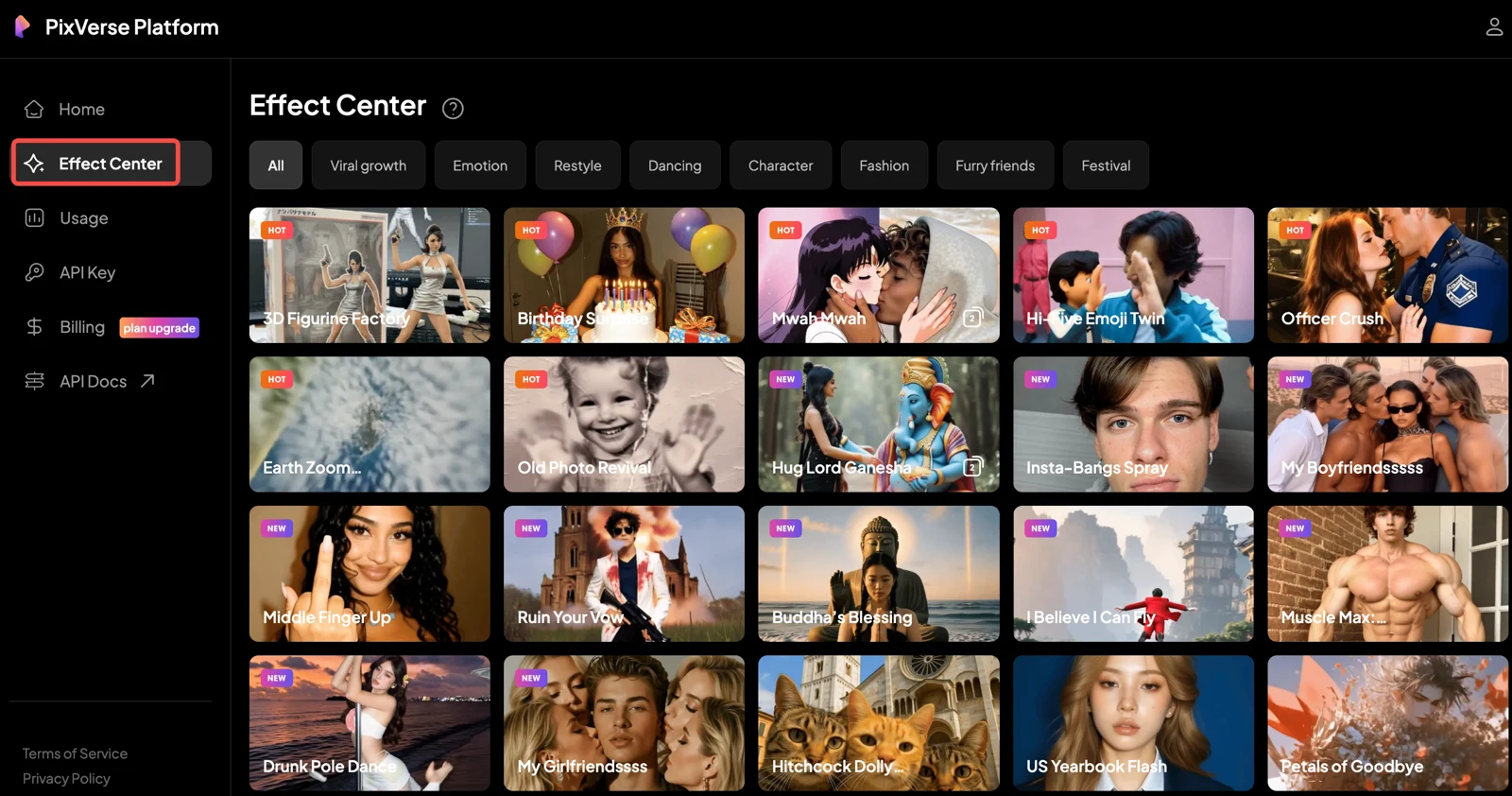 Скриншот каталога Effect Center из документации PixVerse API